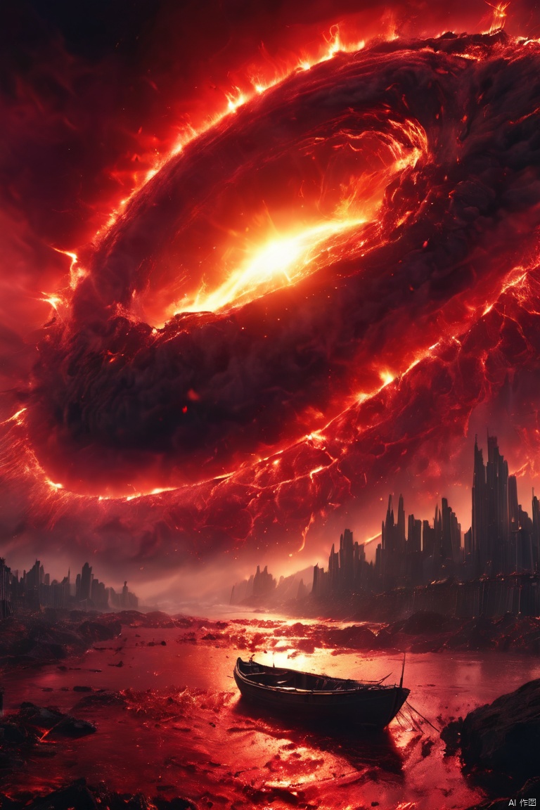 ((Best quality)), ((Masterpiece)), (dramatic scene), The Earth and the Sun collapse into black holes like the Sun, (Latter-day lighting:1.3), The sun darkens when ejected, (Epic composition:1.2), Earth bathed in red light, (CG animation:1.1), Flames and debris are inhaled, (Emergency atmosphere:1.2), People fleeing by boat, (movie atmosphere:1.3), Nebulae and galaxies in the background, (High contrast:1.1), (8K resolution:1.0),Five verses,Planetary apocalypse scene