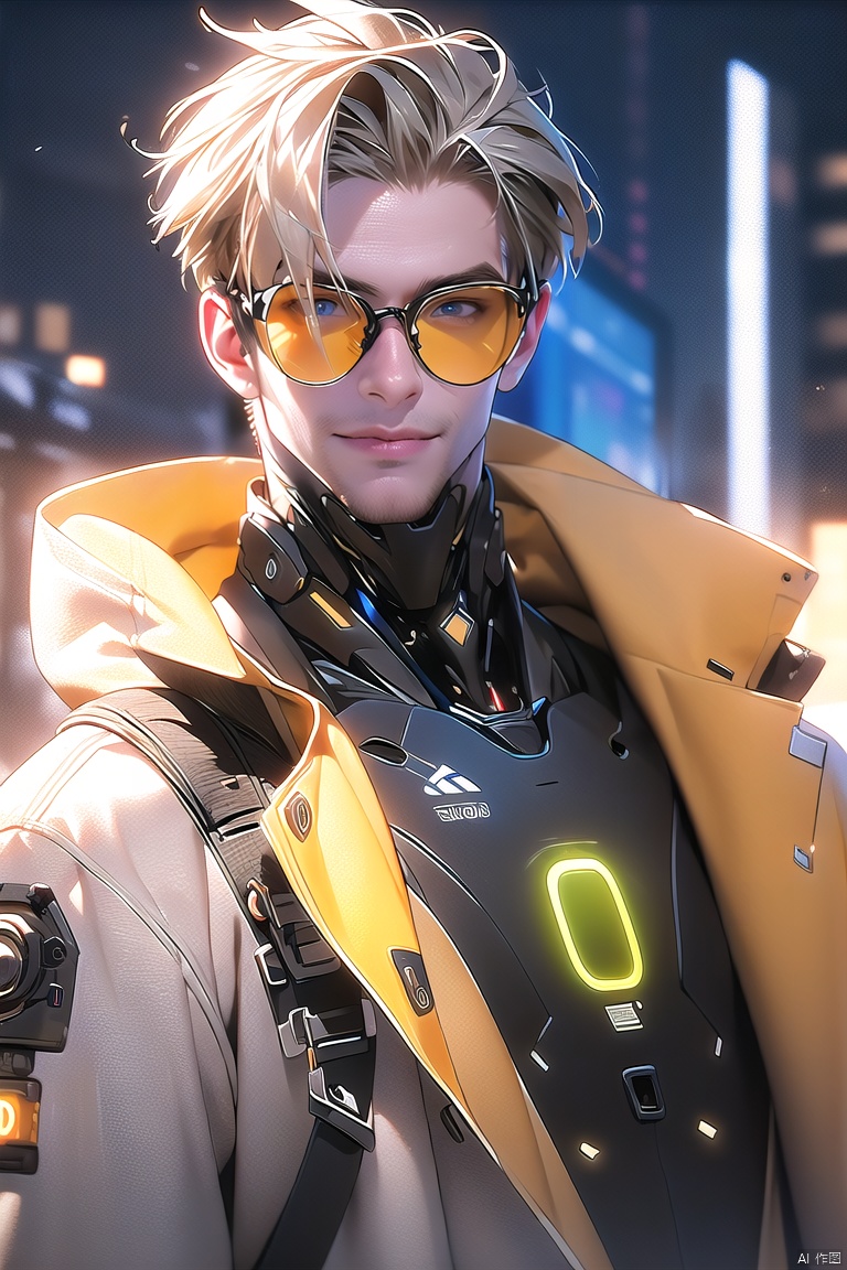 technology skylock,  scenery,  science fiction,  building,  hologramsuoti\(ip\),  solo,  handsome guy,  male focus,  blue eyes,  short hair,  looking at viewer,  coat,  smile,  sunglasses, mechanical palm,  hand,  masterpiece, best qualityhighly detailed, realistic rendering, unreal engine, octanerender, realistic rendering,<lora:EMS-300845-EMS:0.700000>