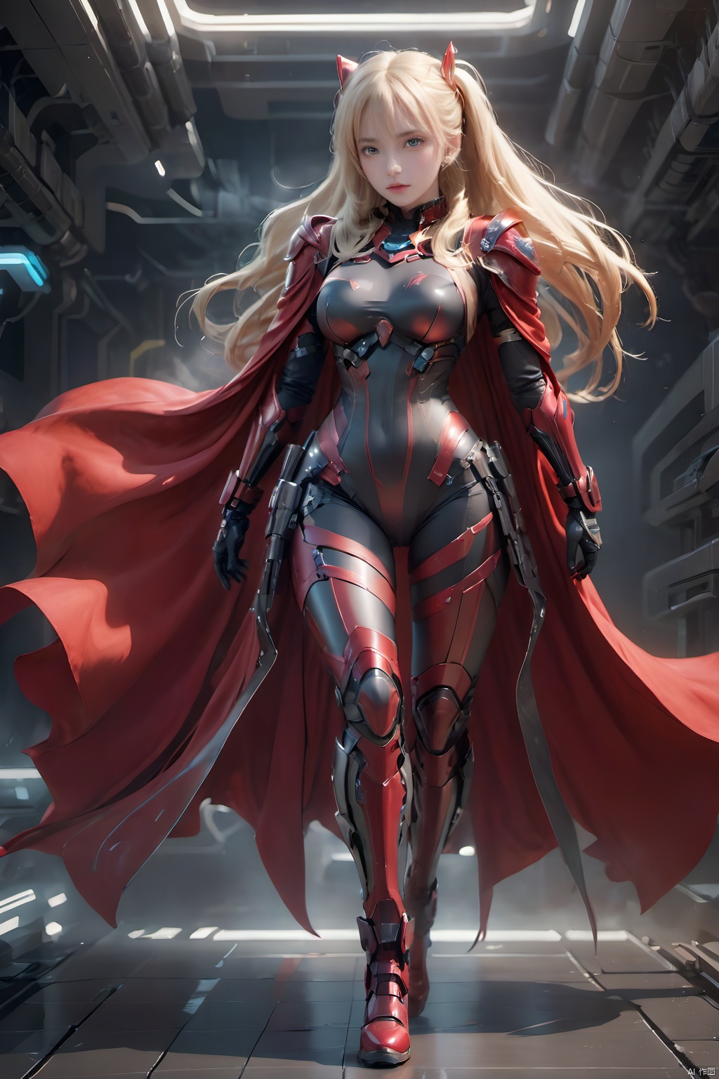 1girl,Future style gel coat,Future Combat Suit,armor,armored boots,red cape,blonde hair,bodysuit,boots,breasts,cloak,full body,long hair,looking at viewer,medium breasts,solo,standing,twintails