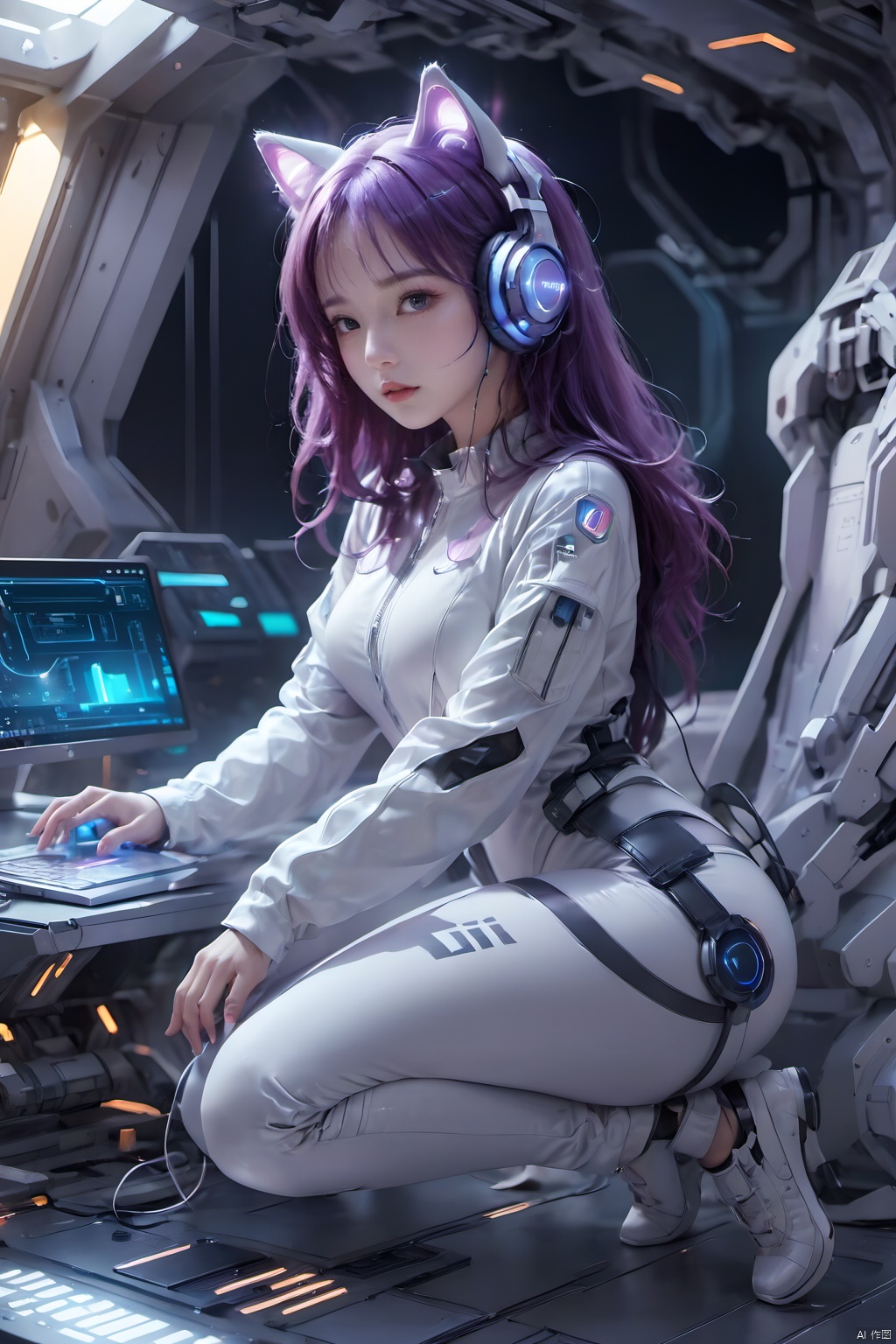 1girl,Future style gel coat,Future Combat Suit,animal ears,bodysuit,breasts,cat ear headphones,computer,hand on headphones,Glowing Clothing,Future Technology Space Station,full body,Sitting posture,Clothing with multiple light sources,headphones,headset,laptop,long hair,looking at viewer,motor vehicle,robot ears,science fiction,sitting,solo,Purple hair, glow,