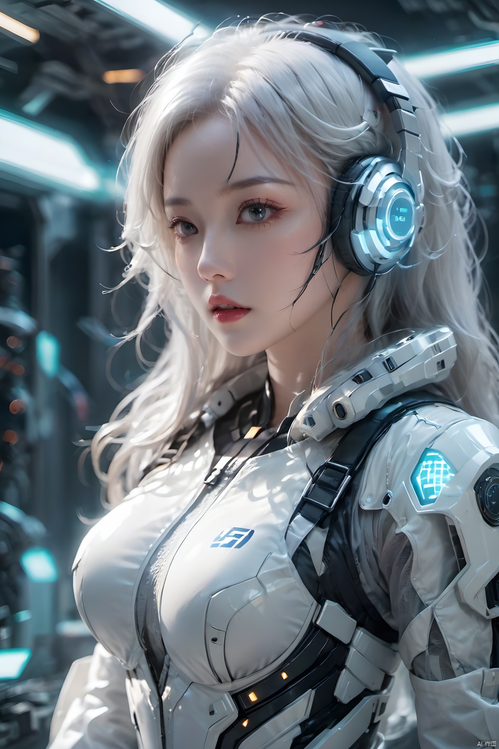 1girl,Future style gel coat,Future Combat Suit,Mecha,blurry background,breasts,depth of field,headphones,Glowing Clothing,Future Technology Space Station,Clothing with multiple light sources,Upper body,Oblique lateral body,Above the abdomen,headset,lips,long hair,looking at viewer,medium breasts,parted lips,realistic,science fiction,solo,upper body,White hair