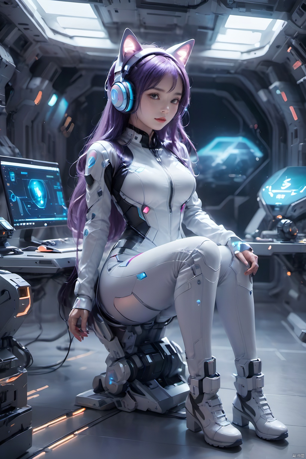 1girl,Future style gel coat,Future Combat Suit,animal ears,bodysuit,breasts,cat ear headphones,computer,hand on headphones,Glowing Clothing,Future Technology Space Station,full body,Sitting posture,Clothing with multiple light sources,headphones,headset,laptop,long hair,looking at viewer,motor vehicle,robot ears,science fiction,sitting,solo,Purple hair, glow,