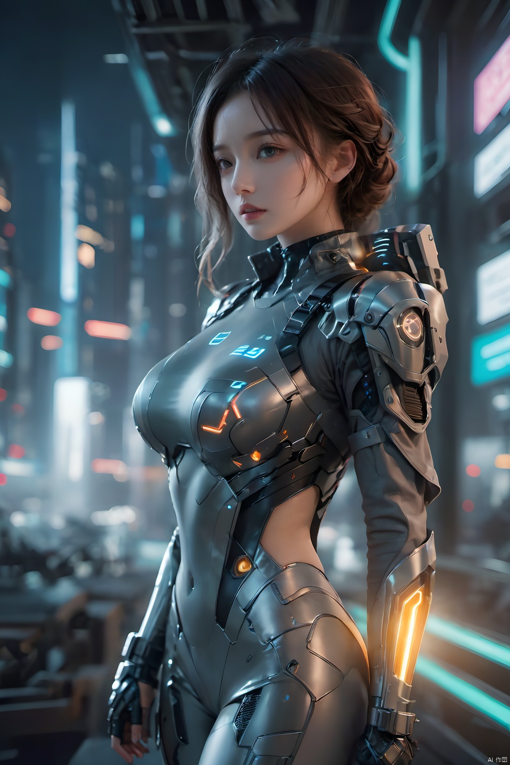 1girl,Future style gel coat,Future Combat Suit,armor,blurry background,bodysuit,breasts,building,Glowing Clothing,Shoulder mecha,Oblique lateral body,Above the knee,Grey gel coat,Upper body,Clothing with multiple light sources,city,cowboy shot,cyberpunk,depth of field,looking at viewer,medium breasts,realistic,science fiction,solo,standing