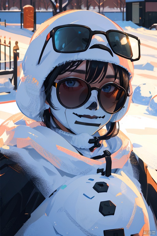 photo r3al, detailmaster2, masterpiece, photorealistic, 8k, 8k UHD, best quality, ultra realistic, ultra detailed, hyperdetailed photography, real photo, cool snowman, sunglasses, winter, photorealistic, 8k, realistic eyes, detailed face, upper body, facing viewer, outdoors, daylight, (closeup),beautiful traditional headdress