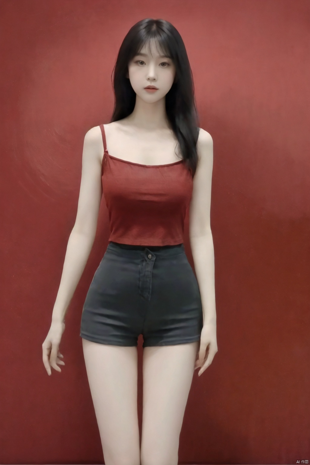  masterpiece, best quality, high_res, (Realistic:1.5), 1girl, 8k wallpaper, (highly detailed skin:1.2),white skin, lips,(standing:1.5),legs, (long black wavy hair:1.2), solid background, (dark red background:1.5), (shadow:1.3),(thin waist:1.3),hourglass_figure