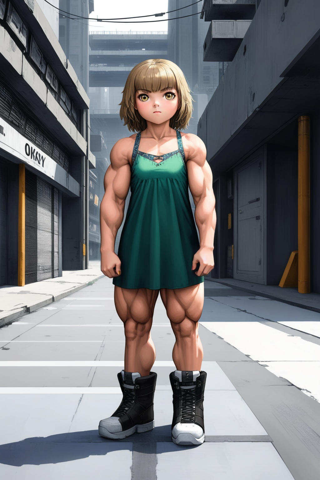a 13 year old very muscular girl wearing a boho dress,  full body portrait,  urban dystopia on Tensor.Art