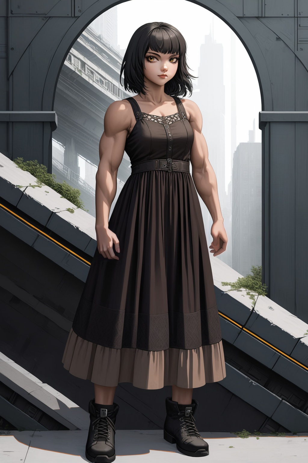 a muscular girl wearing a boho dress,  full body portrait,  urban dystopia on Tensor.Art