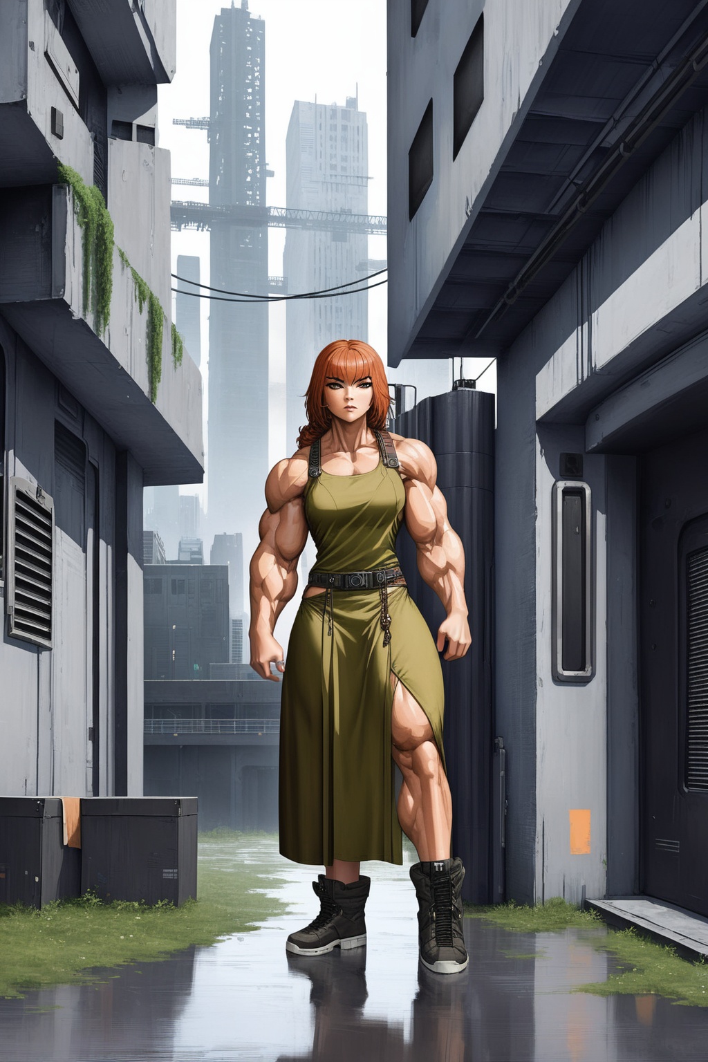 a very muscular girl wearing a boho dress,  full body portrait,  urban dystopia on Tensor.Art