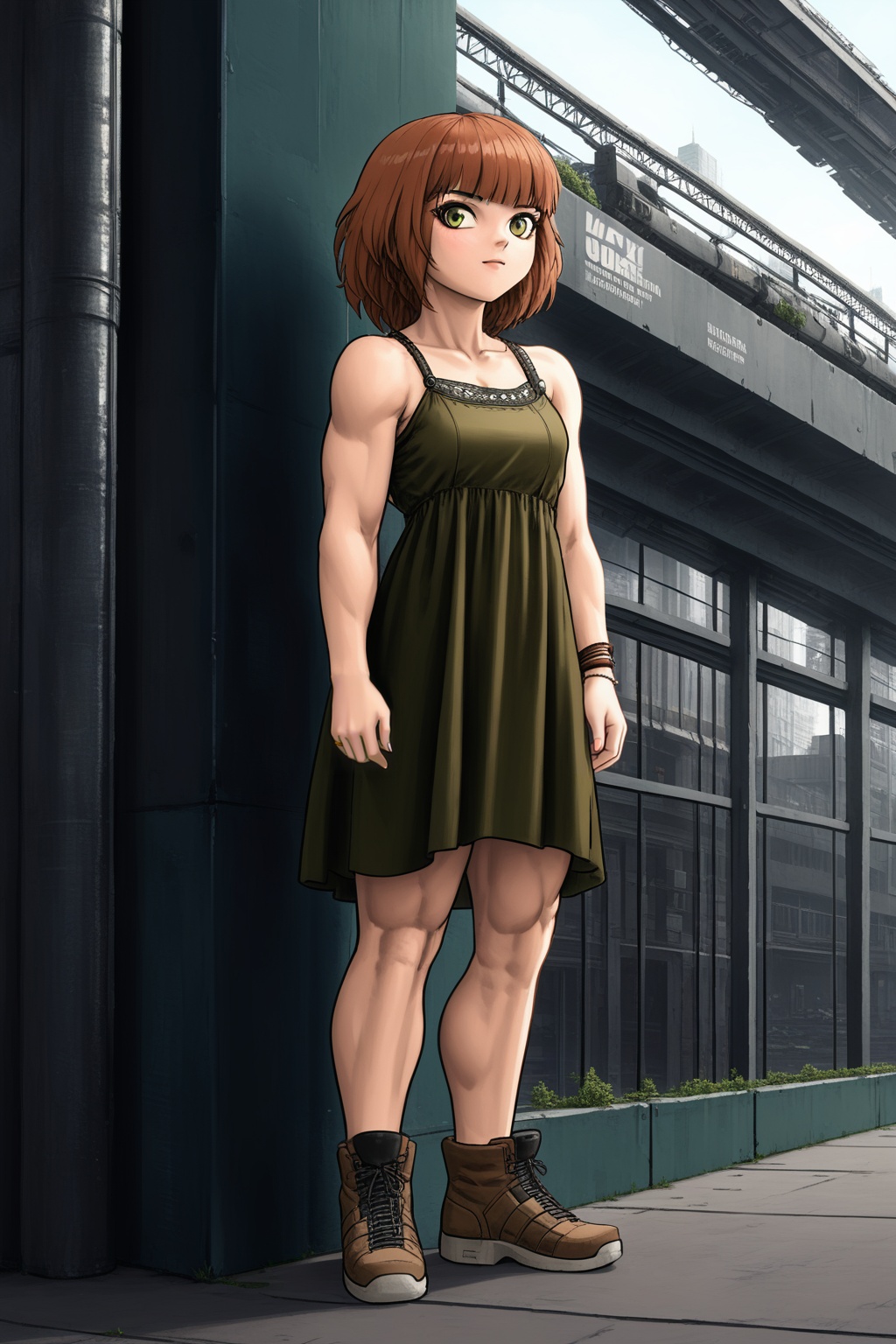 a muscular girl wearing a boho dress,  full body portrait,  urban dystopia on Tensor.Art