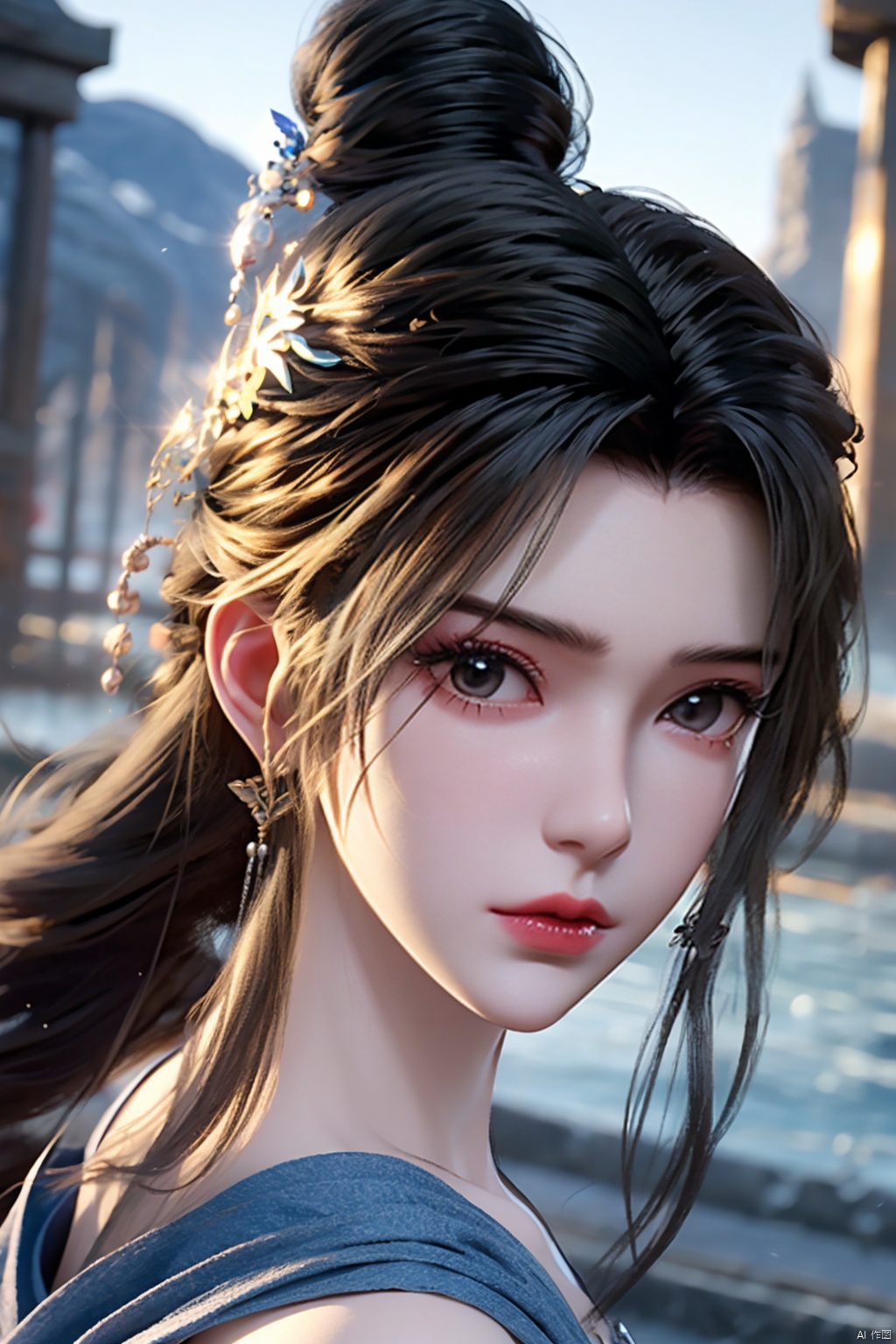  masterpiece,best quality,1girl, bare_shoulders, dress, hair ornament, blue dress, solo, black hair, long hair, hair bun, jewelry, earrings, cowboy shot, dynamic pose, dynamic angle,