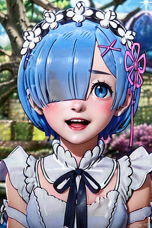lm,1girl,soloblush,smile,short hair,open mouth,blue eyes,hair ornament,ribbon,blue hair,hair ribbon,flower,:d,hair over one eye,maid headdress,x hair ornament,portrait,
pink ribbon,rem \(re:zero\), LM, 1girl,full body