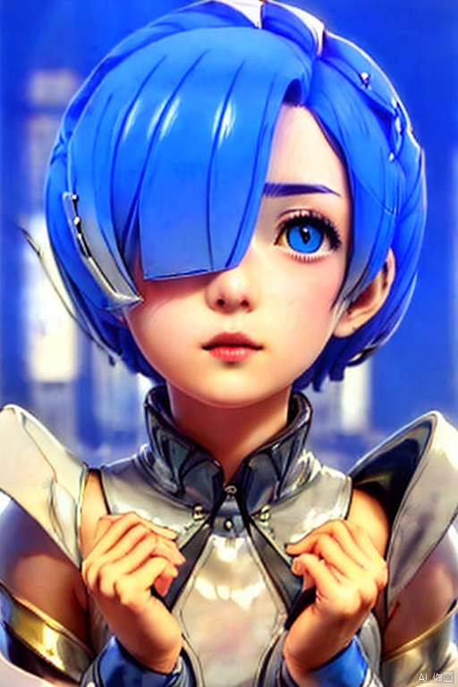  a girl , LM,masterpiece,high quality,Blue short hair,Hair covering one eye,