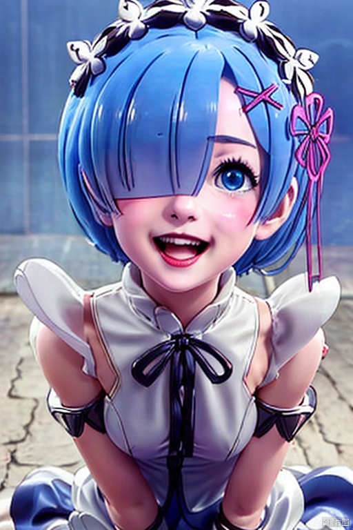  
lm,1girl,solo,looking at viewer,blush,smile,short hair,open mouth,blue eyes,hair ornament,ribbon,blue hair,hair ribbon,flower,:d,hair over one eye,maid,maid headdress,x hair ornament,portrait,
pink ribbon,rem \(re:zero\), LM, 1girl,full body