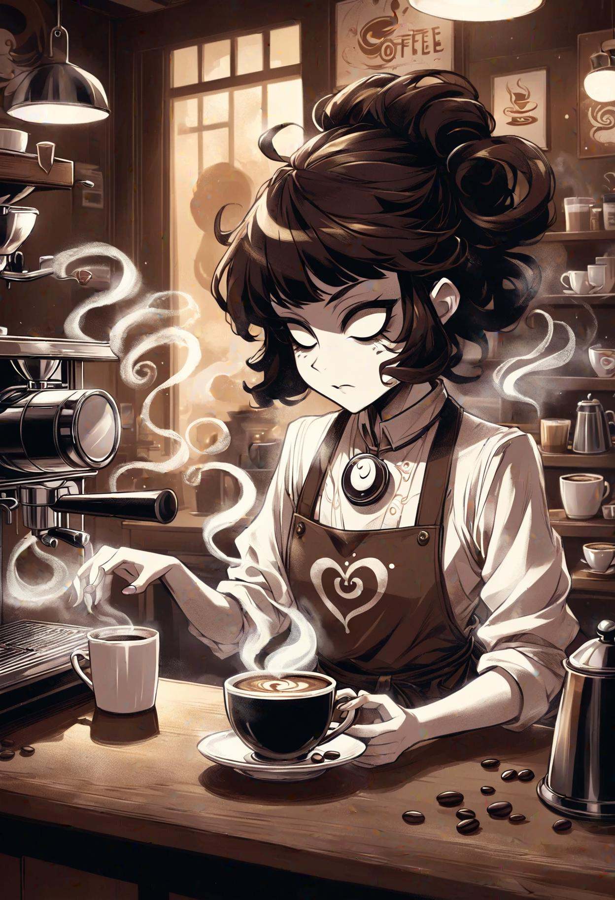 DonMD4rkT00nXL anime female coffee spirit,  coffee spirit,  transparent Ethereal entity embodying the essence of coffee on...