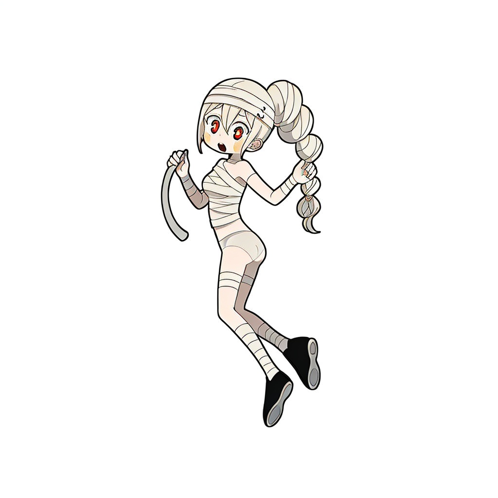 gurin(\style) ,1 girl standing, solo, full body, cute eyes, open mouth, holding a red ax in hand, big round eyes,  beige pantyhose, black shoes, white and clean background <lora:gurin V2-25-000026:0.6>