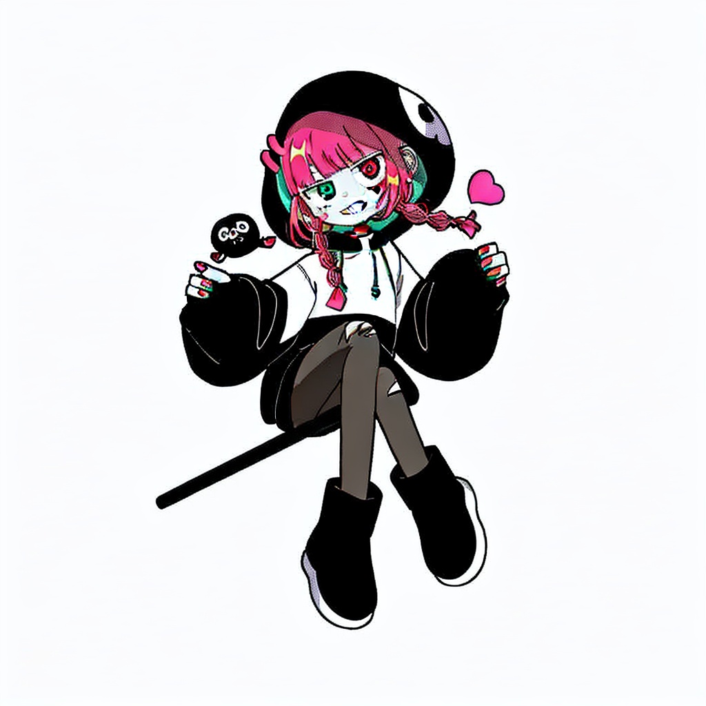 gurin(\style) ,1 girl ,solo big round eyes, solo, full body, sitting on a sickle, skull cap covering her head, hoodie, double braids, flat bangs, holding the sickle in her hand, pink hair, black footwear, black hoodie, grin, green and red eyes, sitting, heterochromia, looking at viewer, ripped black pants, grim reaper, long sleeves, nail polish, heart, red Nails, exposed teeth, blush stickers, sleeves over wrists, white and clean background <lora:gurin V2-25-000026:0.8>