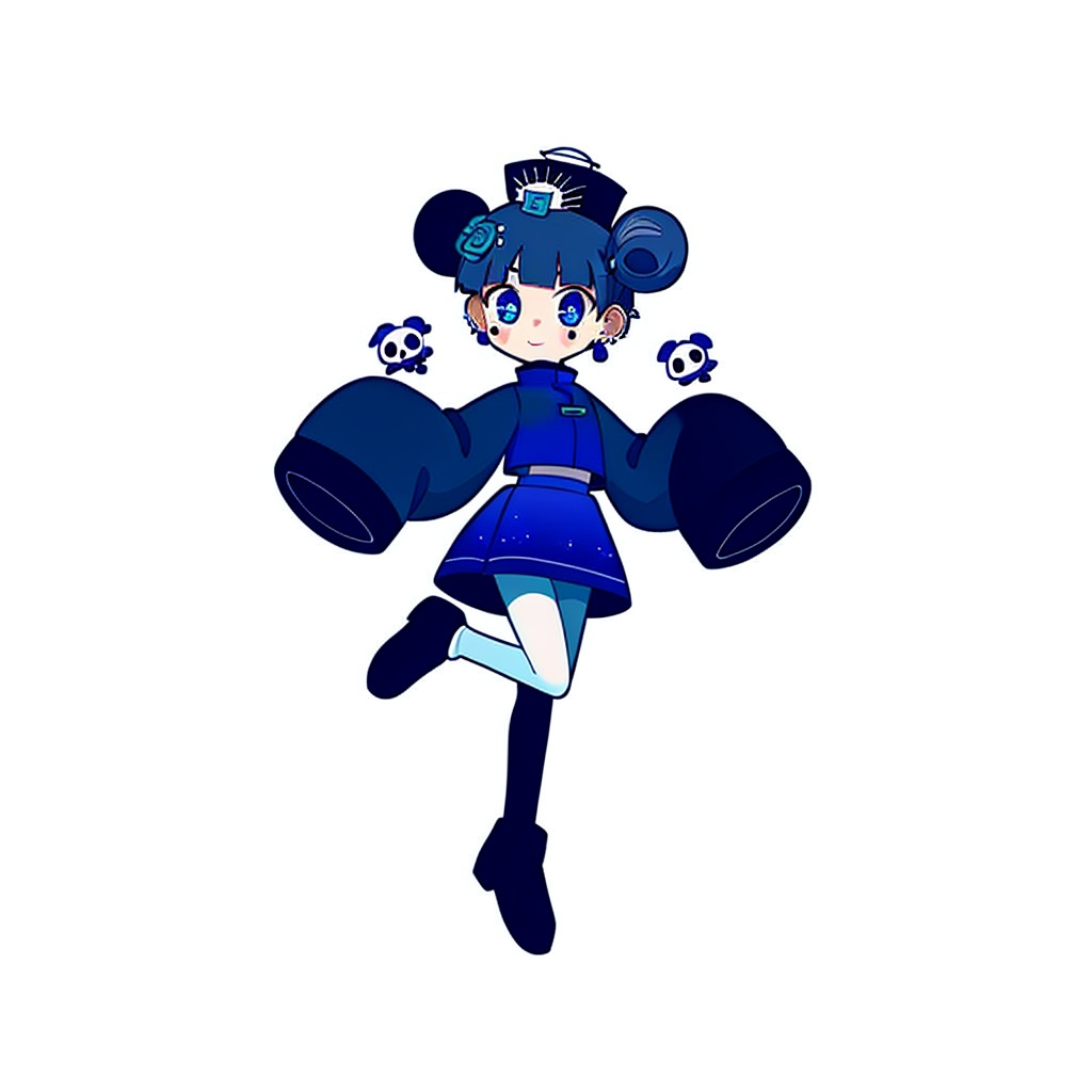 gurin(\style) ,1girl standing, big round eyes, solo,full body,1girl, bun, white background, sleeves over fingers, sleeves over wrists, double bun, bangs, long sleeves, whole body, panda, blue eyes, Jiang Shi, runes on the head, blue and purple skirt, pantyhose, earrings, Chinese clothes, straight bangs, blush stickers, jewelry, short hair, black shoes, upright officials, raised legs, standing on one leg white and clean background <lora:gurin V2-25-000026:0.65>