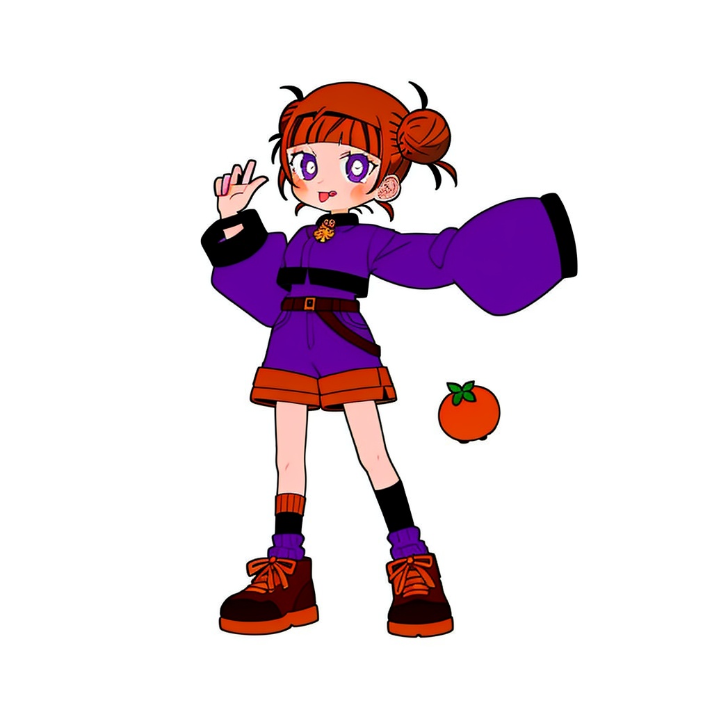 gurin(\style) ,1 girl , big round eyes, solo, full body,1 girl, solo, orange hair, Chun Li's hairstyle with headband, double bun, asymmetrical socks, sleeves above the wrist, white background, purple eyes , tongue out, long sleeves, purple shorts, looking at viewer, shoes, purple footwear, standing, bangs, sleeves over fingers, hands raised, black fanny pack, orange shorts, bright pupils, blush, purple socks, blunt bangs , purple shirt, white and clean background <lora:gurin V2-25-000004:0.7>