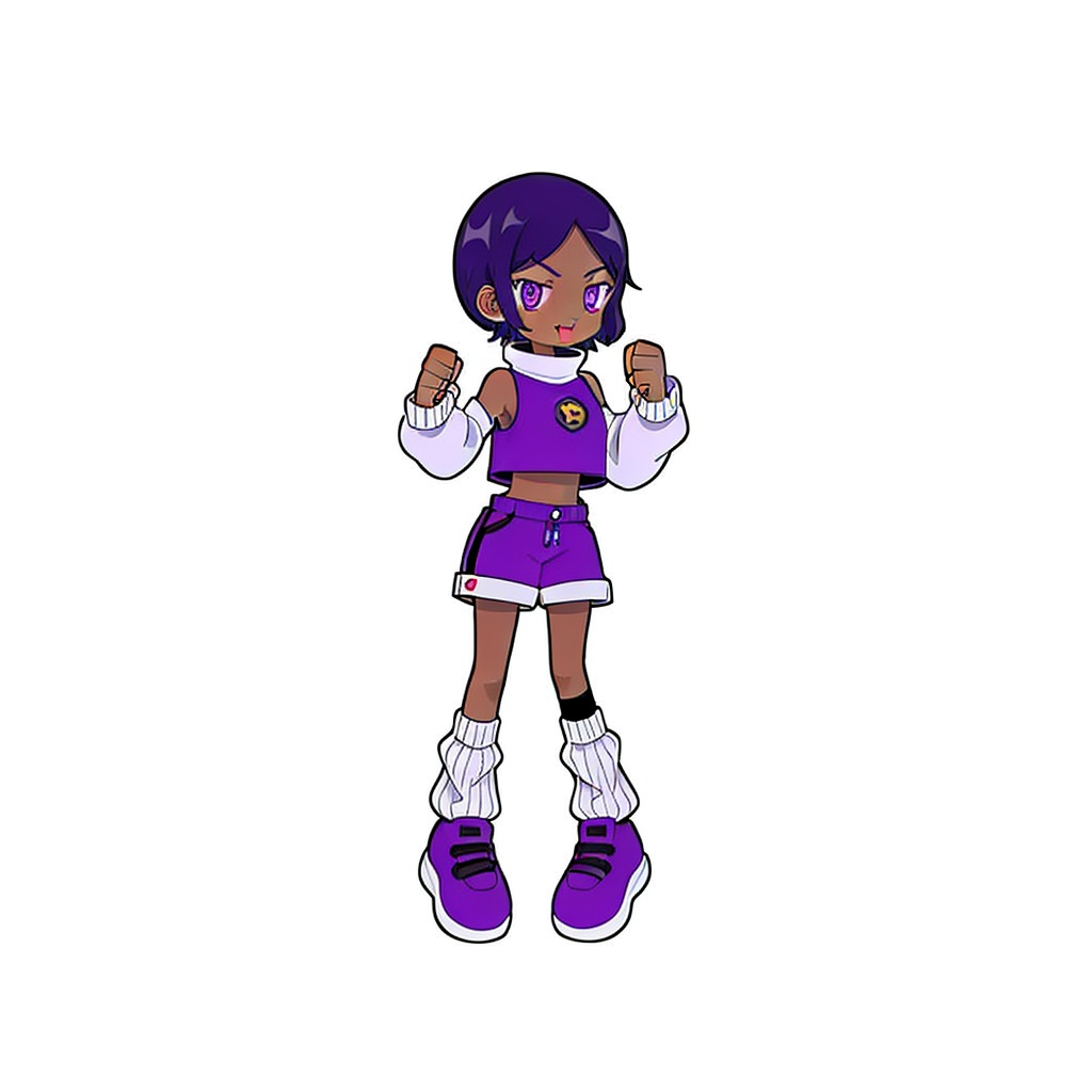 gurin(\style) ,1 girl standing, big round eyes, solo, full body asymmetrical socks, sleeves above the wrist, purple eyes , tongue out, long sleeves, purple shorts, looking at viewer, shoes, purple footwear, dark skinned female, fists , sleeveless,  white and clean background <lora:gurin V2-25-000026:0.7>