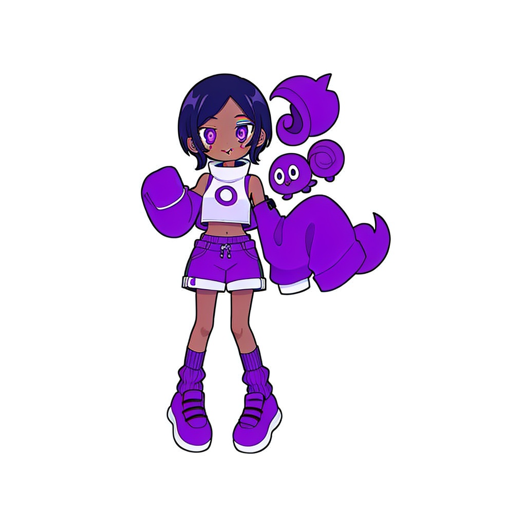 gurin(\style) ,1 girl standing, big round eyes, solo, full body asymmetrical socks, sleeves above the wrist, purple eyes , tongue out, long sleeves, purple shorts, looking at viewer, shoes, purple footwear, dark skinned female, fists , sleeveless,  white and clean background <lora:gurin V2-25-000026:0.7>