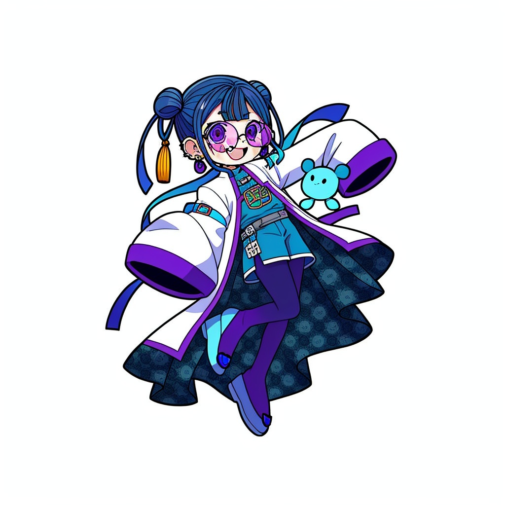 gurin(\style) ,1 boy, standing, eyes half closed, purple eyes, smile, earrings, open mouth, purple colored glasses, blue hair, Glasses, round glasses, sleeves past the fingers, Chinese kimono, blue and white Tang suit, long sleeves, full body, sleeves past the wrist white and clean background <lora:gurin V2-25-000026:0.6>