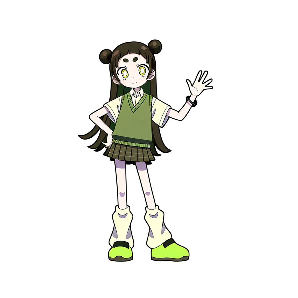 gurin(\style) ,1 girl standing, solo, full body, arms akimbo, reaching out to say hello, shut up, cute eyes, acne eyebrows, light yellow pantyhose, short sleeves, dark green plush top, small skirt, tie Two headbands, long dark brown hair, green shoes, white and clean background <lora:gurin V2-25-000020:0.6>