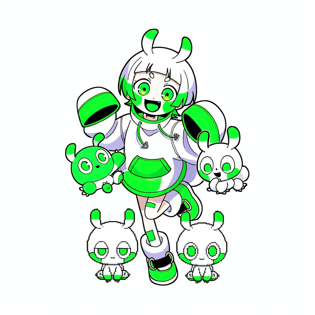 gurin(\style) ,1 girl standing, big round eyes, solo, full body, green eyes, open mouth, smile, short hair, standing on one leg, white hair, shoes, long sleeves, looking at the viewer, bangs, sleeves above the wrist , standing, biological and anthropomorphic, fluorescent green 4 little pets, blunt bangs, solo, hood, monochrome combination, white and clean background <lora:gurin V2-25-000028:0.7>
