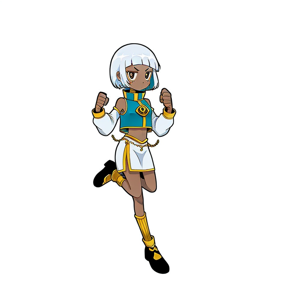 gurin(\style) ,1 girl standing, big round eyes, solo, full body,, short hair, standing on one leg, white hair, shoes, long sleeves,  dark skinned female, fists , sleeveless, looking at viewer, blunt bangs, standing, black eyes, bangs, white and clean background <lora:gurin V2-25-000026:0.7>