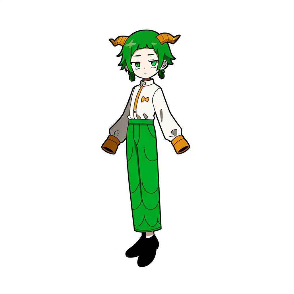 gurin(\style) ,1 boy, standing, eyes half closed, solo, full body, green hair, black shoes, green eyes, shirt, green skirt, white shirt, sleeves over fingers, long sleeves, standing, shoes, sleeves Above wrist, looking at viewer, pants, green pants, shirt tucked in, side locks, braids, skirt, short hair, closed mouth, horns, male focus, expressionless face, bangs white and clean background <lora:gurin V2-25-000026:0.6>