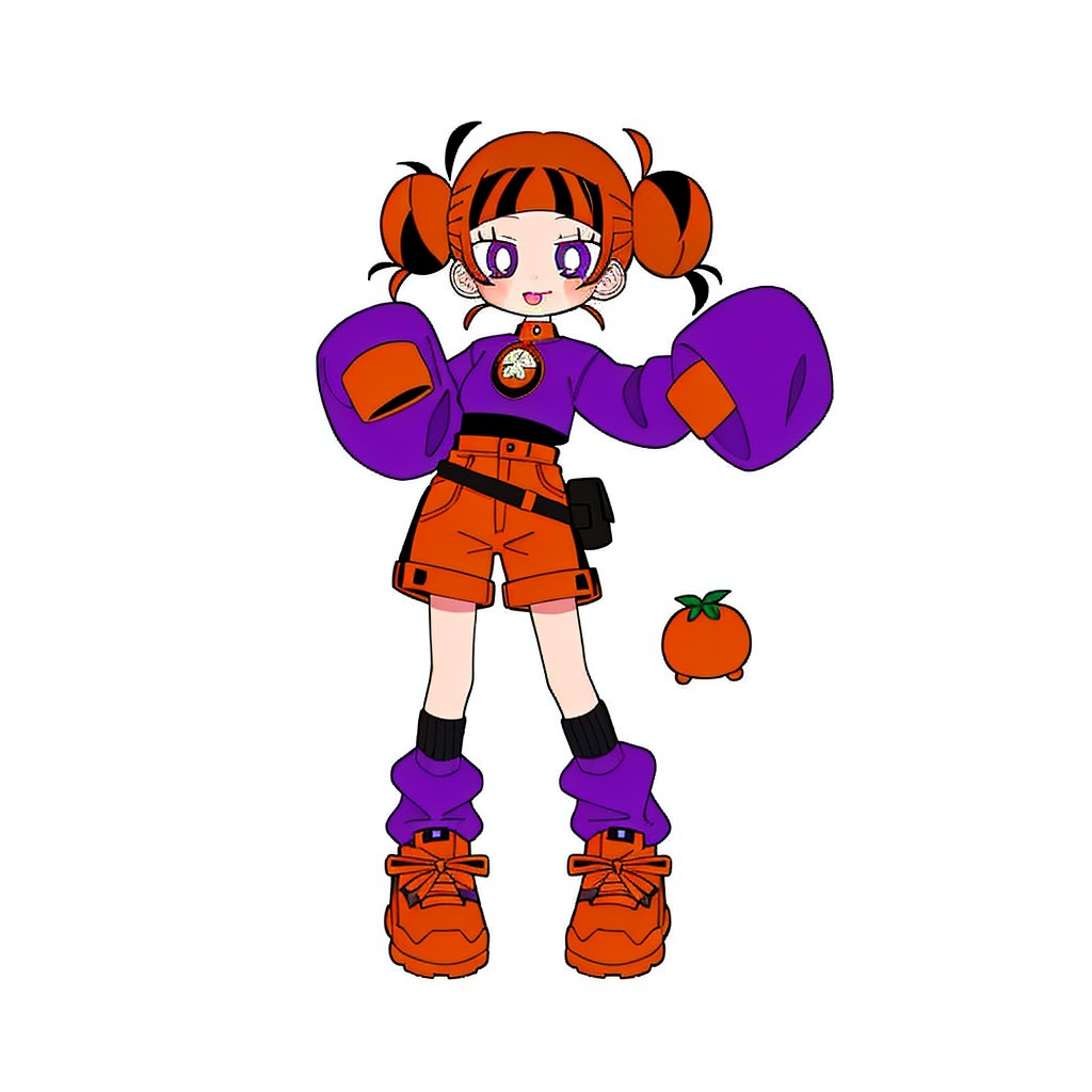 gurin(\style) ,1 girl , big round eyes, solo, full body,1 girl, solo, orange hair, Chun Li's hairstyle with headband, double bun, asymmetrical socks, sleeves above the wrist, white background, purple eyes , tongue out, long sleeves, purple shorts, looking at viewer, shoes, purple footwear, standing, bangs, sleeves over fingers, hands raised, black fanny pack, orange shorts, bright pupils, blush, purple socks, blunt bangs , purple shirt, white and clean background <lora:gurin V2-25-000006:0.7>