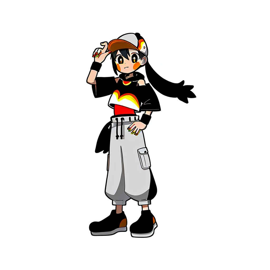 gurin(\style) ,1girl standing, big round eyes, solo,full body, baseball cap, nail polish, Looking at the viewer, black headdress, black wristband, cut of clothes, black and white pants, hand wearing headdress, long hair, shoulder cut, blush sticker, baggy pants, little penguin, white and clean background <lora:gurin V2-25-000026:0.7>