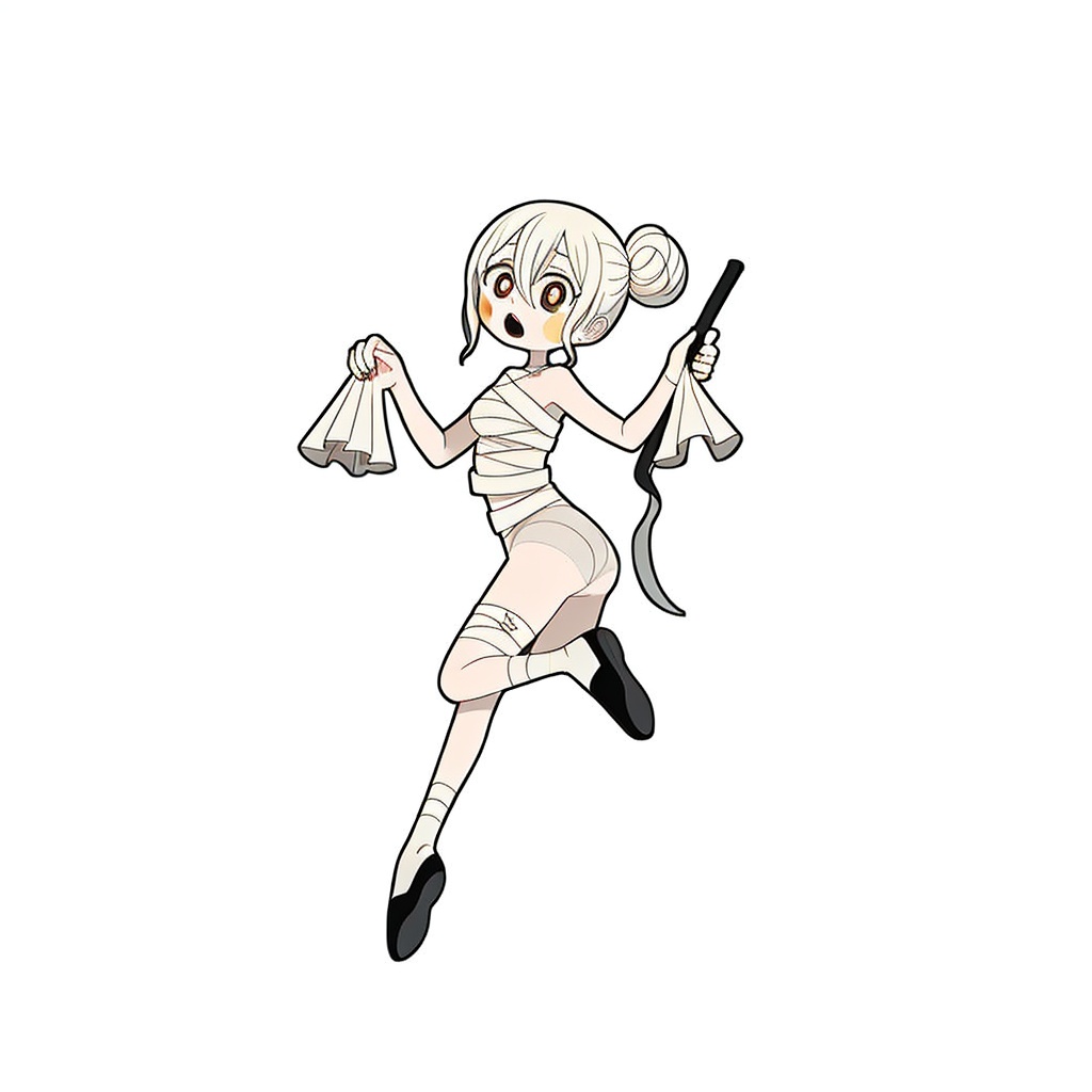 gurin(\style) ,1 girl standing, solo, full body, cute eyes, open mouth, holding a red ax in hand, big round eyes,  beige pantyhose, black shoes, white and clean background <lora:gurin V2-25-000026:0.6>