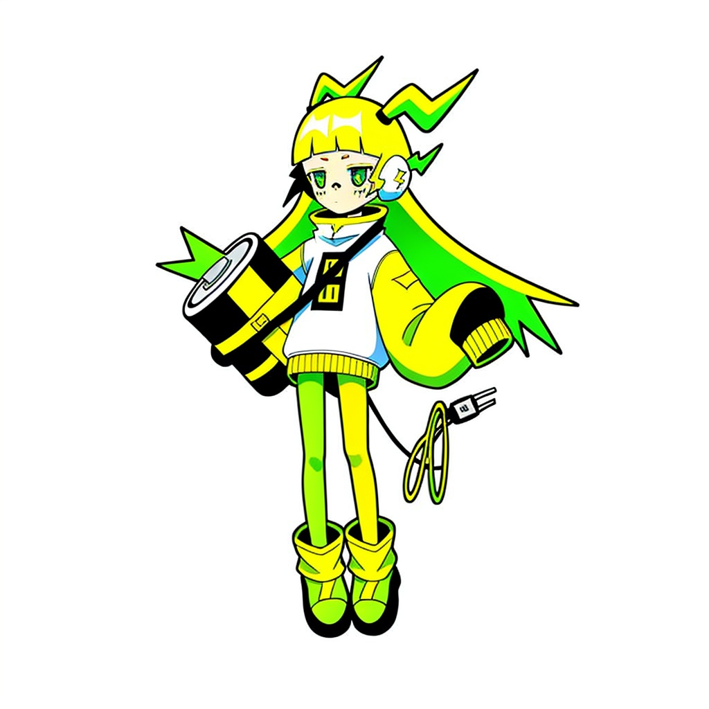 gurin(\style) ,1 girl standing, half-closed eyes, wearing headphones, solo, full body, long yellow-green hair, bangs, green eyes, yellow-green pantyhose, yellow-green hair, blunt bangs, long sleeves, Sleeves over fingers, lightning symbol, holding a big battery, plug wire tail, jacket, shoes, green footwear, white jacket, lightning shaped horns, pantyhose, white and clean background <lora:gurin V2-25-000026:0.6>