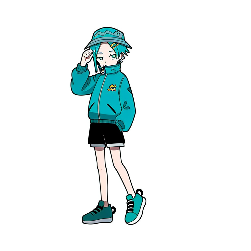 gurin(\style) ,1 boy, standing, half-closed eyes cold, solo, full body, jacket, aqua hair, simple background, aqua shoes, male focus, hairpin, hat, hair accessories, whole body, shorts, hand penetration pockets, aqua eyes, black shorts, shoes, looking at viewer, long sleeves, androgynous, expressionless, short hair, earrings, standing, aqua jacket white and clean background <lora:gurin V2-25-000026:0.6>