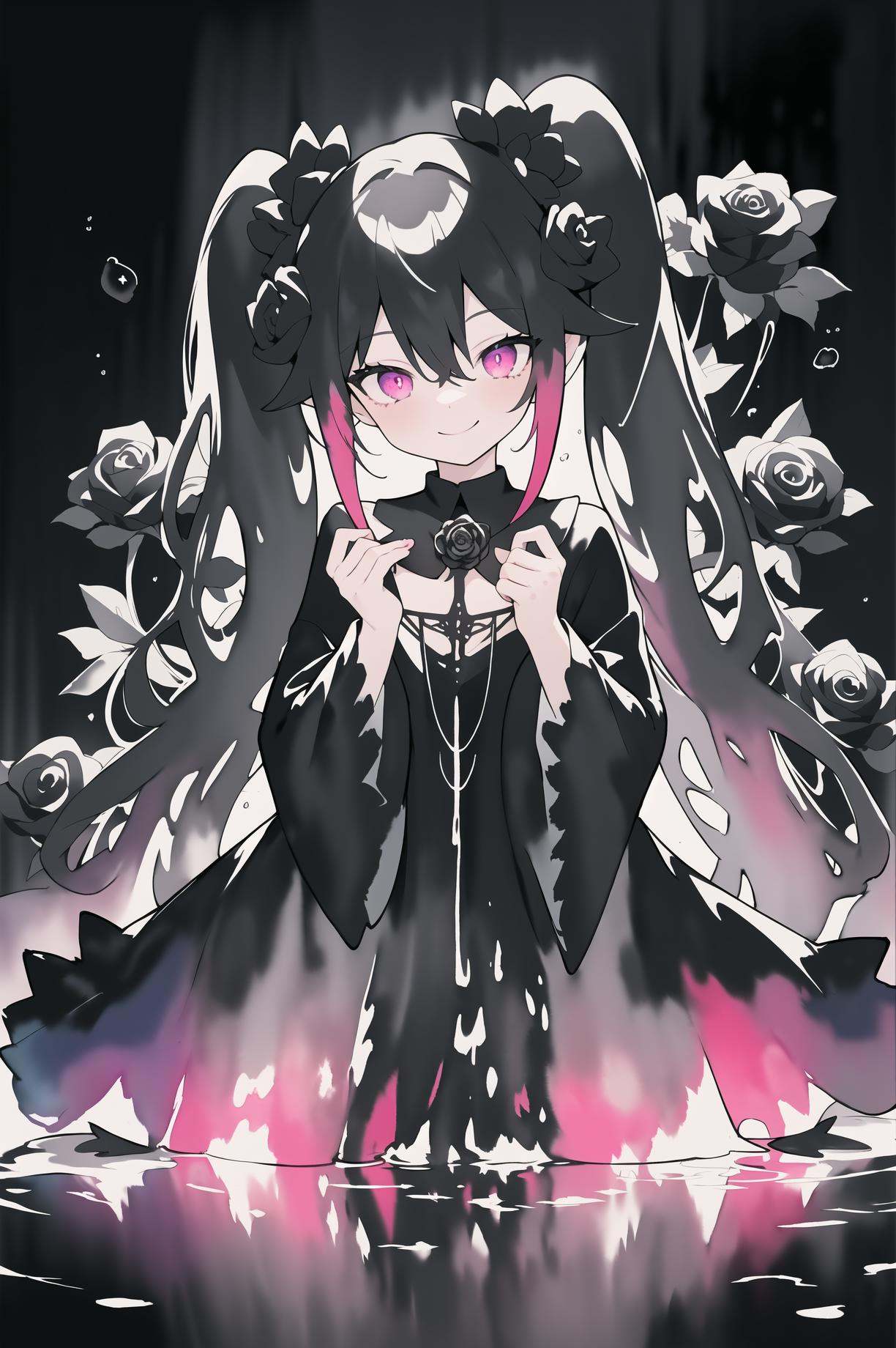 black tone,color gradation,(watercolor \(medium\):1.35), fussion of Fluid abstract art, color splashing,//cowboy shot,(1girl), Arcane master, magic girl, smile, (Harajuku Fashion), (black rose),(black dress made of black rose), black flower,//in rose blossoms.//(ink magic circle:1.15), (ink magic circuit:1.15),