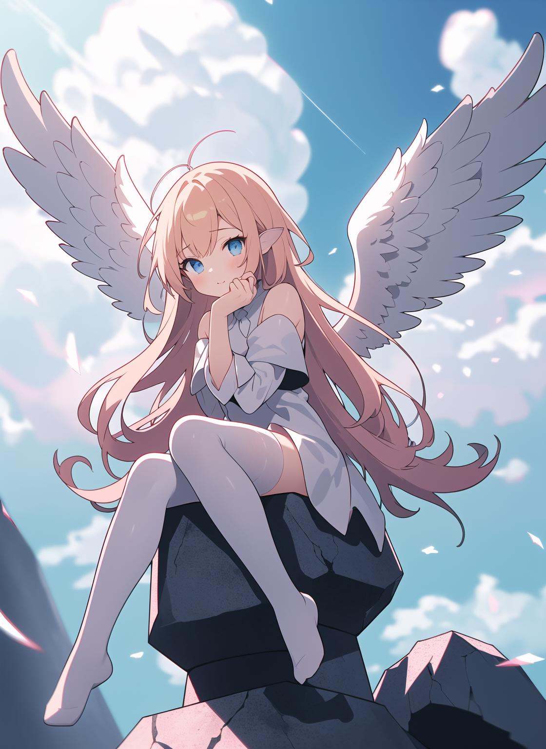 bes quailty,super fucking cool,tokyo takedown,(blurry:1.12),(blurry background),(depth of field:1.2),(High saturation:1.254),1girl,angel,long blonde hair,one side up,blue eyes,(white transparent babydoll),(white transparent thighhighs),(She is an angel girl with sitting on a stone pillar in sky and is surrounded by cumulonimbus clouds),(She is an angel girl in cloudy sky and clouds),the girl in sky,the girl in heaven,(huge curly white wings surrounding her body to cover and protect her),((the Angel curls her wings to protect herself):1.3), ((the Angel hide behind her wings to protect herself):1.3), (The angel retracts her wings:1.2), sitting, solo, (big wings:1.3), (Curling wing:1.2), doll, full shot, full body,////////////////////\\\\\\\\\\\\,Depth of field,ray tracing,[(delicate face,delicate hands)::0.85],((chromatic aberration with strong rim light):1.3),double exposure, tyndall effect,amazing,(impasto),sketch,(CG),best illustration,portrait,official art,(blue and (pink:1.12) theme),white background,((the Angel curl her wings to protect herself):1.3), ((the Angel hide behind her wings to protect herself):1.3), (The angel retracts her wings:1.2),//\\/\/\/\/\/\/\/\/\/\/\/\/\//\\,super fucking cool,((vector graphics,outline):1.35),(High saturation:1.254),surrounded by colorful splashes,shining,(She is sitting on a stone pillar floating on the cloud and surrounded by huge curly wings:1.3),no shoes,distant pillar,falling feathers,((the Angel curls her wings to protect herself):1.3), ((the Angel hide behind her wings to protect herself):1.3), (The angel retracts her wings:1.2), sitting, solo, (big wings:1.3), (Curling wing:1.2), doll, full shot, full body,((chromatic aberration with strong rim light):1.4),