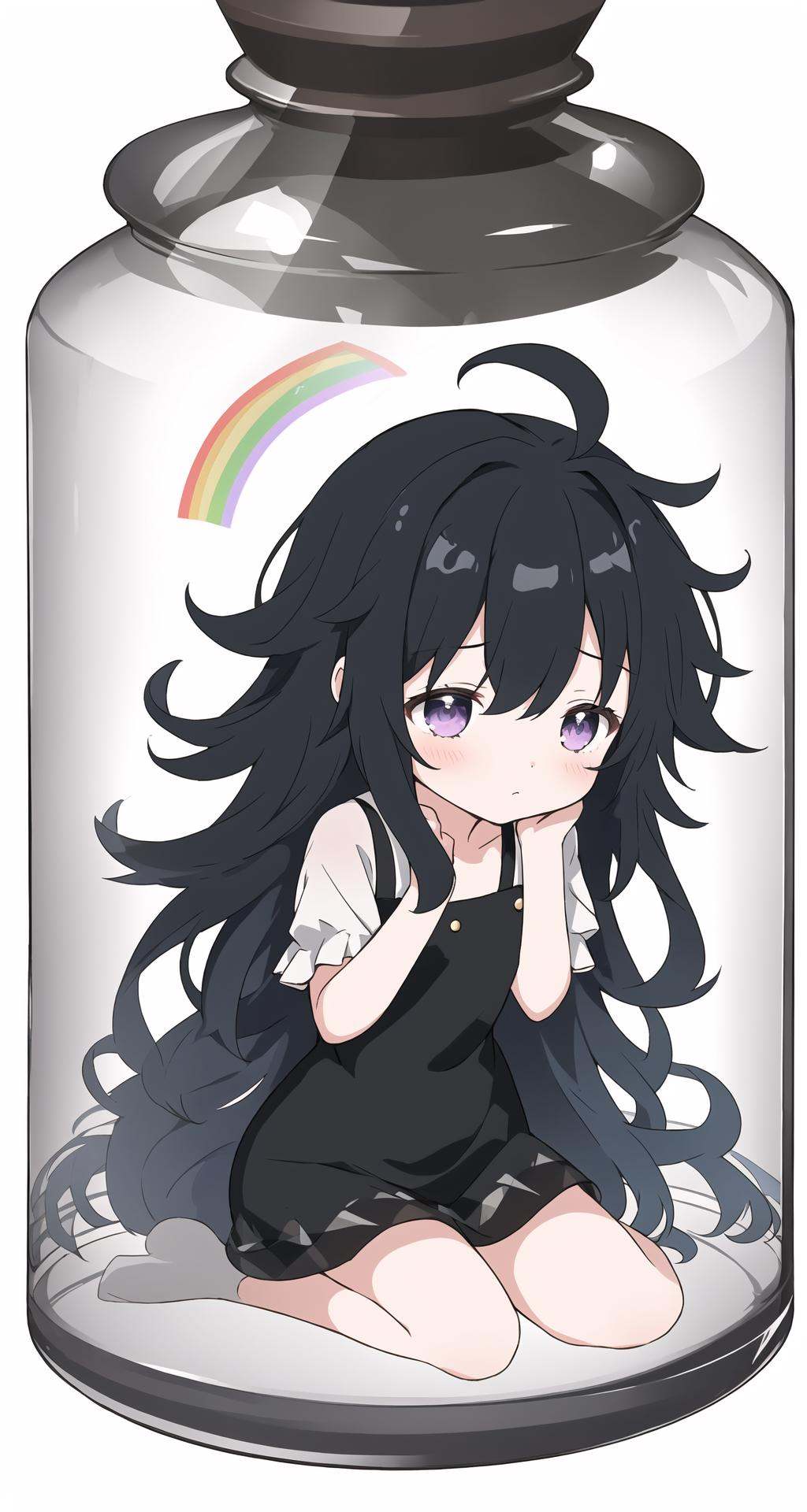 (white background:1.45),(transparent background:1.3),[(glass jar:1.15),(girl in jar:1.35):(wariza)]1 cute young girl,small breast,expressionless,sleepy,(very long messy hair:1.3),black hair,(rainbow inner hair:1.5),ahoge,(black short dress:1.4),(off-shoulder jacket:1.3),bare shoulder,(torn clothes:1.2),facial scar,(solo:1.4),straight-on,(simple background:1.5),(full body:1.5)