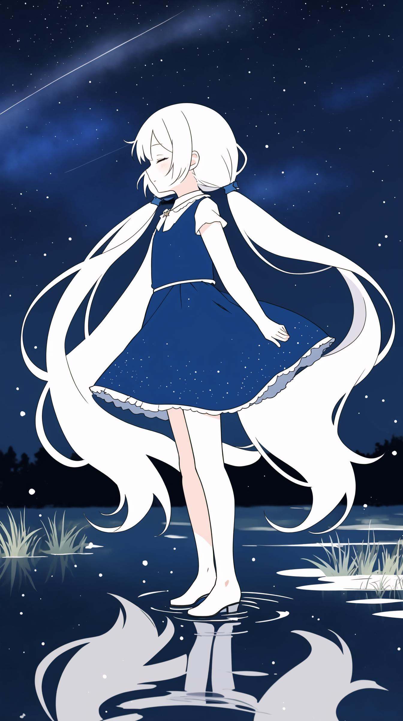 (english text:1.25), (from side),  blue theme,  (walking_in_liquid),  standing_on_liquid,  reflective_water,  night,  only water,  (head down),  closed eyes,  skirt ***d, (the surface of the water reflected the brigh stars),  light_particles, 1girl,  very long hair,  twintails,  solo,  dress,  white hair,  full body, water surface,  reflection,  star (sky),  starry