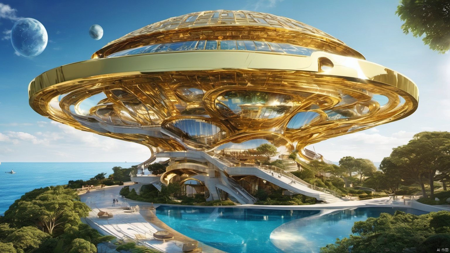  Science fiction architecture complex,
(Made from gemstones and gold materials 1.0),
(Alien spacecraft 1.9),
A perfectly curved building,,Overlooking,,(sea 99.9),(Representative), (boutique), Ultra HD, 
, reflection, masterpiece, true light and shadow, wide Angle, outdoors, sky, day, cloud, 
, tree, blue sky, no humans, nature, scenery, SDXL, beauch