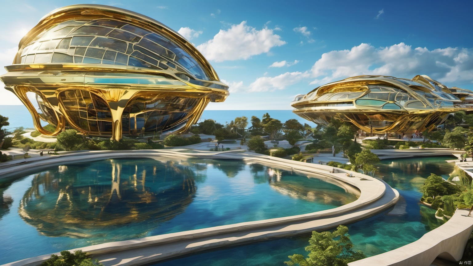  Science fiction architecture complex,
(Made from gemstones and gold materials 1.0),
(Alien spacecraft 1.9),
A perfectly curved building,,Overlooking,,(sea 99.9),(Representative), (boutique), Ultra HD, 
, reflection, masterpiece, true light and shadow, wide Angle, outdoors, sky, day, cloud, 
, tree, blue sky, no humans, nature, scenery, SDXL, beauch