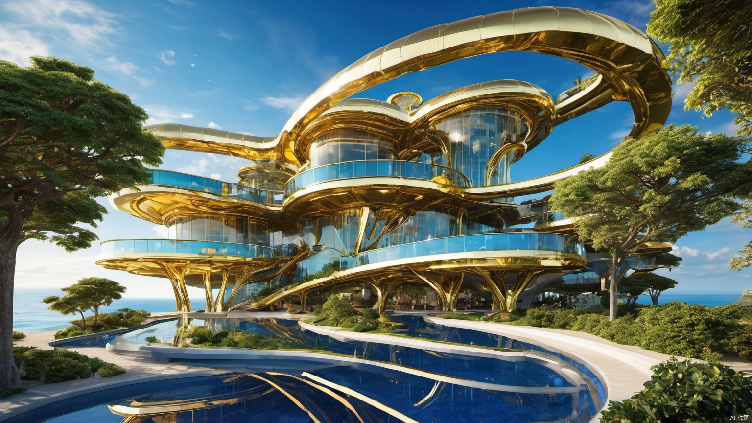  Science fiction architecture complex,
(Made from gemstones and gold materials 1.0),
(Alien spacecraft 1.9),
A perfectly curved building,,Overlooking,,(sea 99.9),(Representative), (boutique), Ultra HD, 
, reflection, masterpiece, true light and shadow, wide Angle, outdoors, sky, day, cloud, 
, tree, blue sky, no humans, nature, scenery, SDXL, beauch