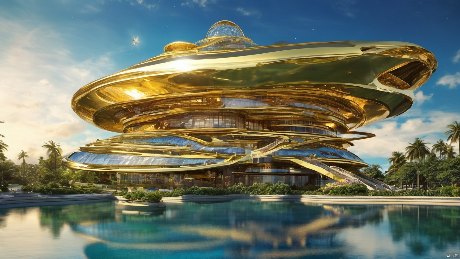 Science fiction architecture complex,
(Made from gemstones and gold materials 1.0),
(Alien spacecraft 1.9),
A perfectly curved building,,Overlooking,,(sea 99.9),(Representative), (boutique), Ultra HD, 
, reflection, masterpiece, true light and shadow, wide Angle, outdoors, sky, day, cloud, 
, tree, blue sky, no humans, nature, scenery, SDXL, beauch