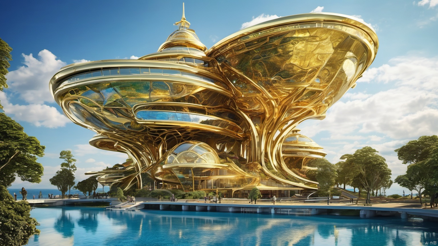  Science fiction architecture complex,
(Made from gemstones and gold materials 1.0),
(Alien spacecraft 1.9),
A perfectly curved building,,Overlooking,,(sea 99.9),(Representative), (boutique), Ultra HD, 
, reflection, masterpiece, true light and shadow, wide Angle, outdoors, sky, day, cloud, 
, tree, blue sky, no humans, nature, scenery, SDXL, beauch