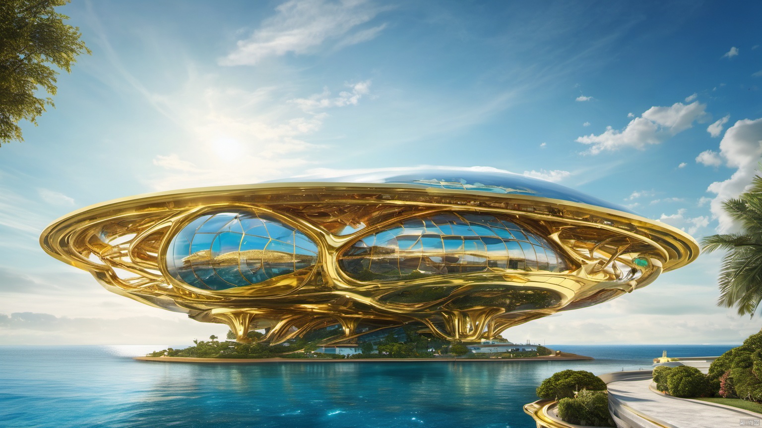  Science fiction architecture complex,
(Made from gemstones and gold materials 1.0),
(Alien spacecraft 1.9),
A perfectly curved building,,Overlooking,,(sea 99.9),(Representative), (boutique), Ultra HD, 
, reflection, masterpiece, true light and shadow, wide Angle, outdoors, sky, day, cloud, 
, tree, blue sky, no humans, nature, scenery, SDXL, beauch