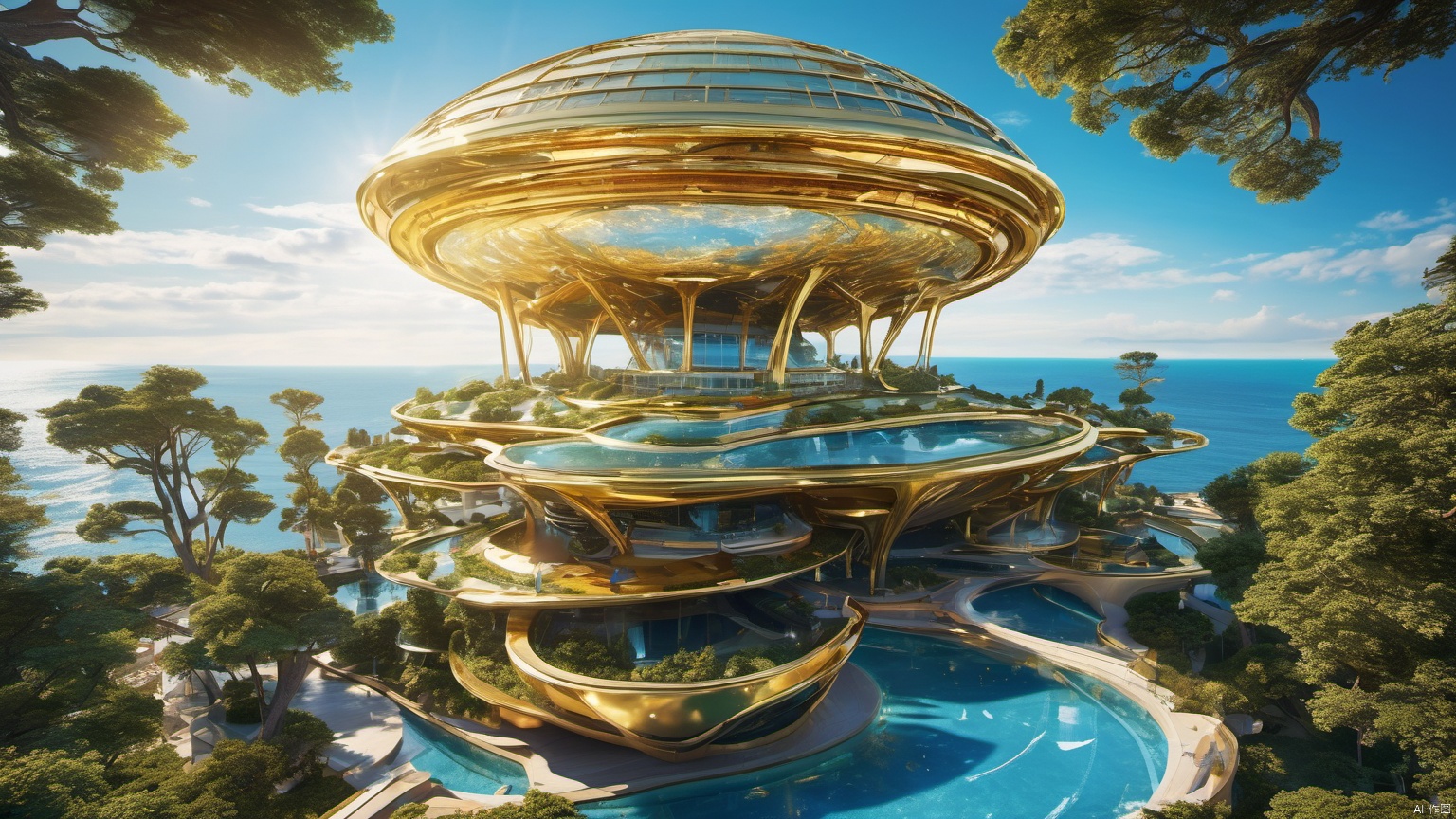  Science fiction architecture complex,
(Made from gemstones and gold materials 1.0),
(Alien spacecraft 1.9),
A perfectly curved building,,Overlooking,,(sea 99.9),(Representative), (boutique), Ultra HD, 
, reflection, masterpiece, true light and shadow, wide Angle, outdoors, sky, day, cloud, 
, tree, blue sky, no humans, nature, scenery, SDXL, beauch