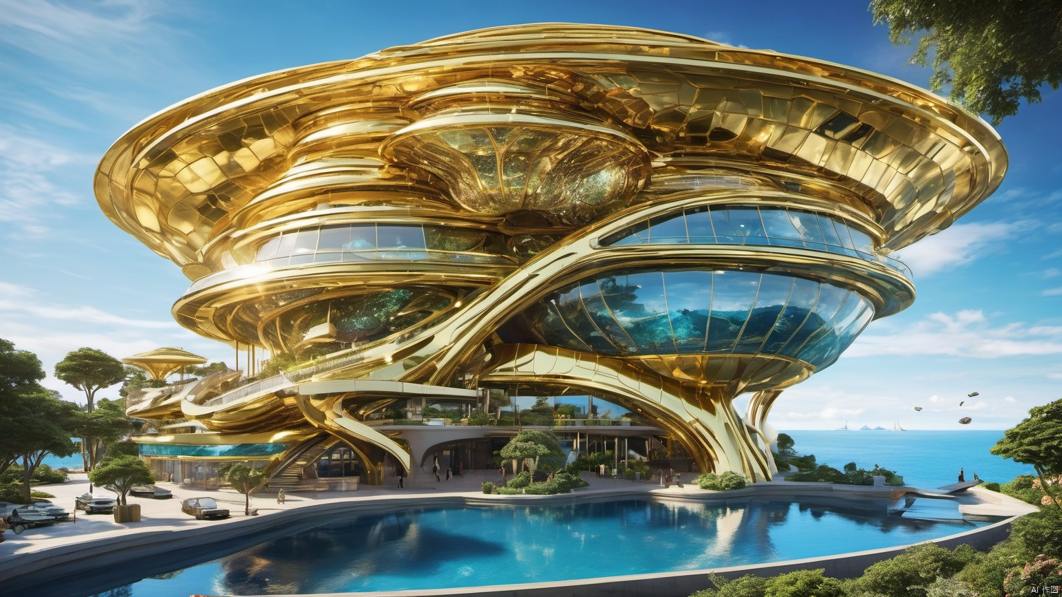  Science fiction architecture complex,
(Made from gemstones and gold materials 1.0),
(Alien spacecraft 1.9),
A perfectly curved building,,Overlooking,,(sea 99.9),(Representative), (boutique), Ultra HD, 
, reflection, masterpiece, true light and shadow, wide Angle, outdoors, sky, day, cloud, 
, tree, blue sky, no humans, nature, scenery, SDXL, beauch