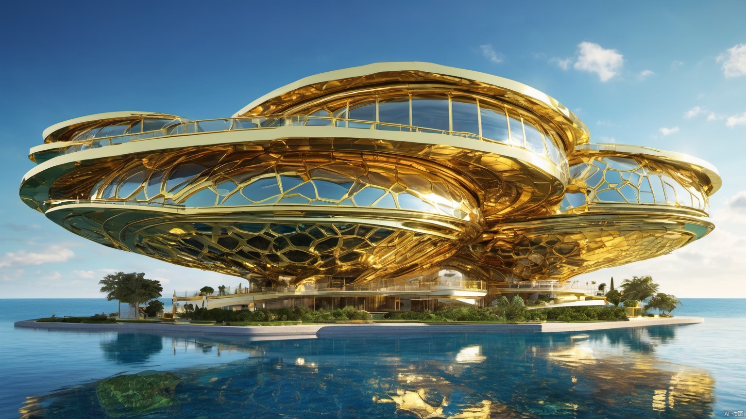  Science fiction architecture complex,
(Made from gemstones and gold materials 1.0),
(Alien spacecraft 1.9),
A perfectly curved building,,Overlooking,,(sea 99.9),(Representative), (boutique), Ultra HD, 
, reflection, masterpiece, true light and shadow, wide Angle, outdoors, sky, day, cloud, 
, tree, blue sky, no humans, nature, scenery, SDXL, beauch
