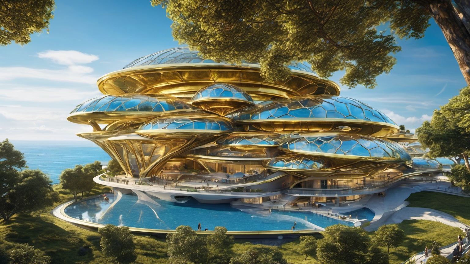 Science fiction architecture complex,
(Made from gemstones and gold materials 1.0),
(Alien spacecraft 1.9),
A perfectly curved building,,Overlooking,,(sea 99.9),(Representative), (boutique), Ultra HD, 
, reflection, masterpiece, true light and shadow, wide Angle, outdoors, sky, day, cloud, 
, tree, blue sky, no humans, nature, scenery, SDXL, beauch