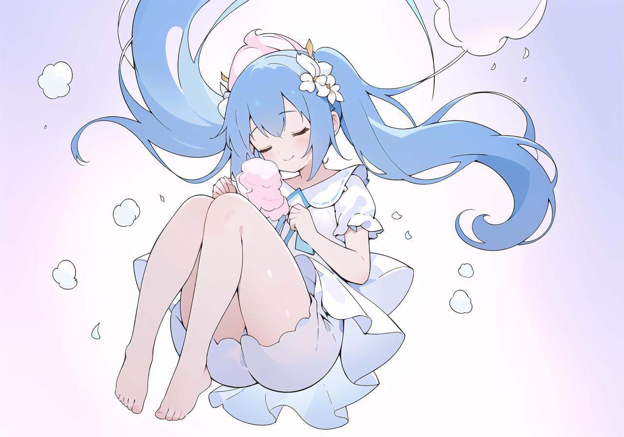 (Best quality), (masterpiece), (detailed light),(an extremely delicate and beautiful), (lots of white cotton candy backgrounds:1.4), (floating:1.4)1 girl lies in the soft cotton candy, white marshmallows wrapped around her, (Baby position), (Close eyes), smile, pigtail, (long blue hair:1.15),(light blue and light white striped pajamas:1.1), (Hair flower), (bare feet:1.1),(full body:1.2),holding kneesgracefulquietcomfortable