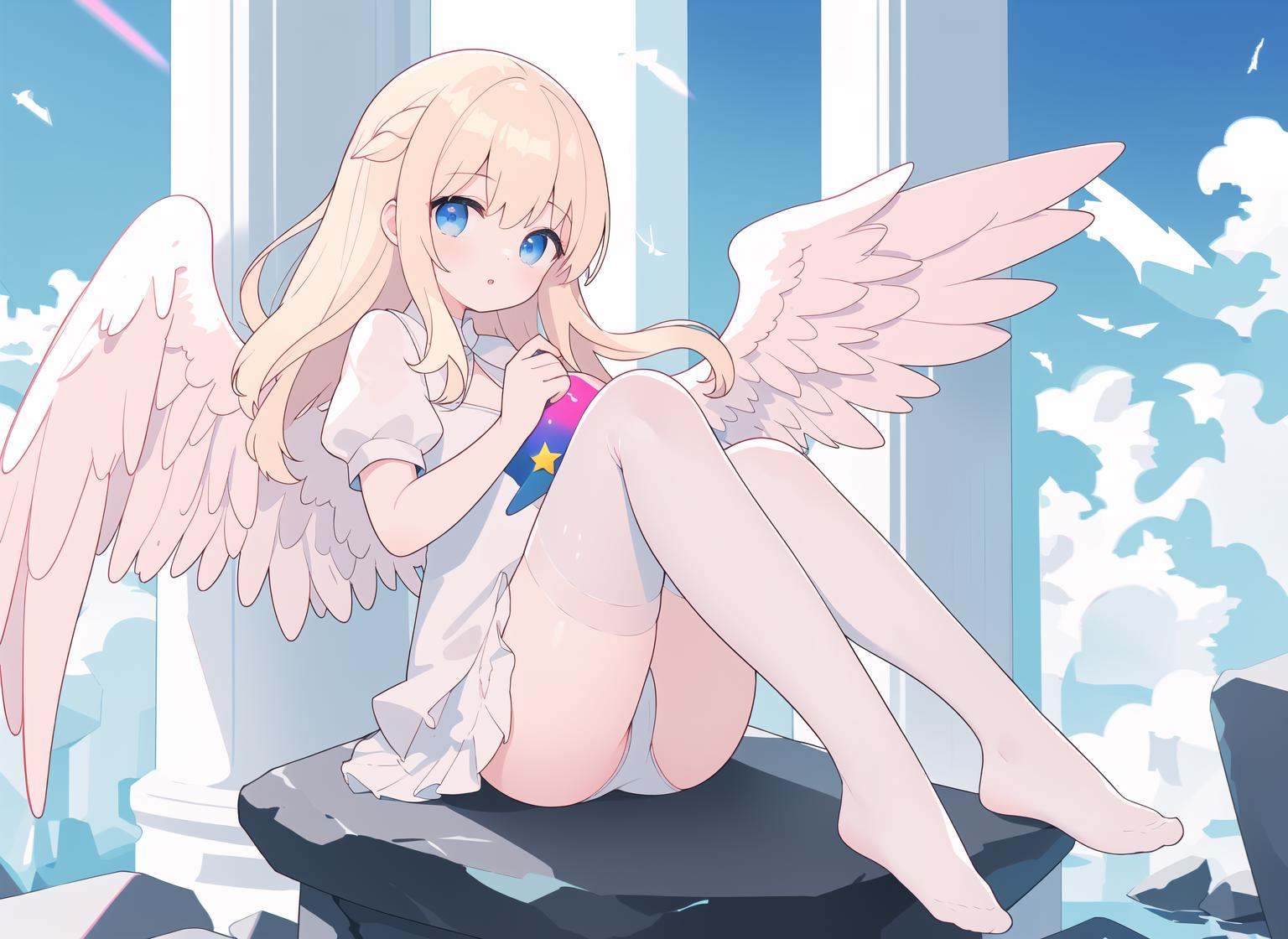 bes quailty,super fucking cool,tokyo takedown,(blurry:1.12),(blurry background),(depth of field:1.2),(High saturation:1.254),1girl,angel,long blonde hair,one side up,blue eyes,(white transparent babydoll),(white transparent thighhighs),(She is an angel girl with sitting on a stone pillar in sky and is surrounded by cumulonimbus clouds),(She is an angel girl in cloudy sky and clouds),the girl in sky,the girl in heaven,(huge curly white wings surrounding her body to cover and protect her),((the Angel curls her wings to protect herself):1.3), ((the Angel hide behind her wings to protect herself):1.3), (The angel retracts her wings:1.2), sitting, solo, (big wings:1.3), (Curling wing:1.2), doll, full shot, full body,////////////////////\\\\\\\\\\\\,Depth of field,ray tracing,[(delicate face,delicate hands)::0.85],((chromatic aberration with strong rim light):1.3),double exposure, tyndall effect,amazing,(impasto),sketch,(CG),best illustration,portrait,official art,(blue and (pink:1.12) theme),white background,((the Angel curl her wings to protect herself):1.3), ((the Angel hide behind her wings to protect herself):1.3), (The angel retracts her wings:1.2),//\\/\/\/\/\/\/\/\/\/\/\/\/\//\\,super fucking cool,((vector graphics,outline):1.35),(High saturation:1.254),surrounded by colorful splashes,shining,(She is sitting on a stone pillar floating on the cloud and surrounded by huge curly wings:1.3),no shoes,distant pillar,falling feathers,((the Angel curls her wings to protect herself):1.3), ((the Angel hide behind her wings to protect herself):1.3), (The angel retracts her wings:1.2), sitting, solo, (big wings:1.3), (Curling wing:1.2), doll, full shot, full body,((chromatic aberration with strong rim light):1.4), <lora:KawaiiDreamingV1:1>